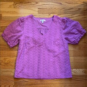 Draper James Eyelet Ruffle Sleeve V Neck Purple Blouse Women’s M